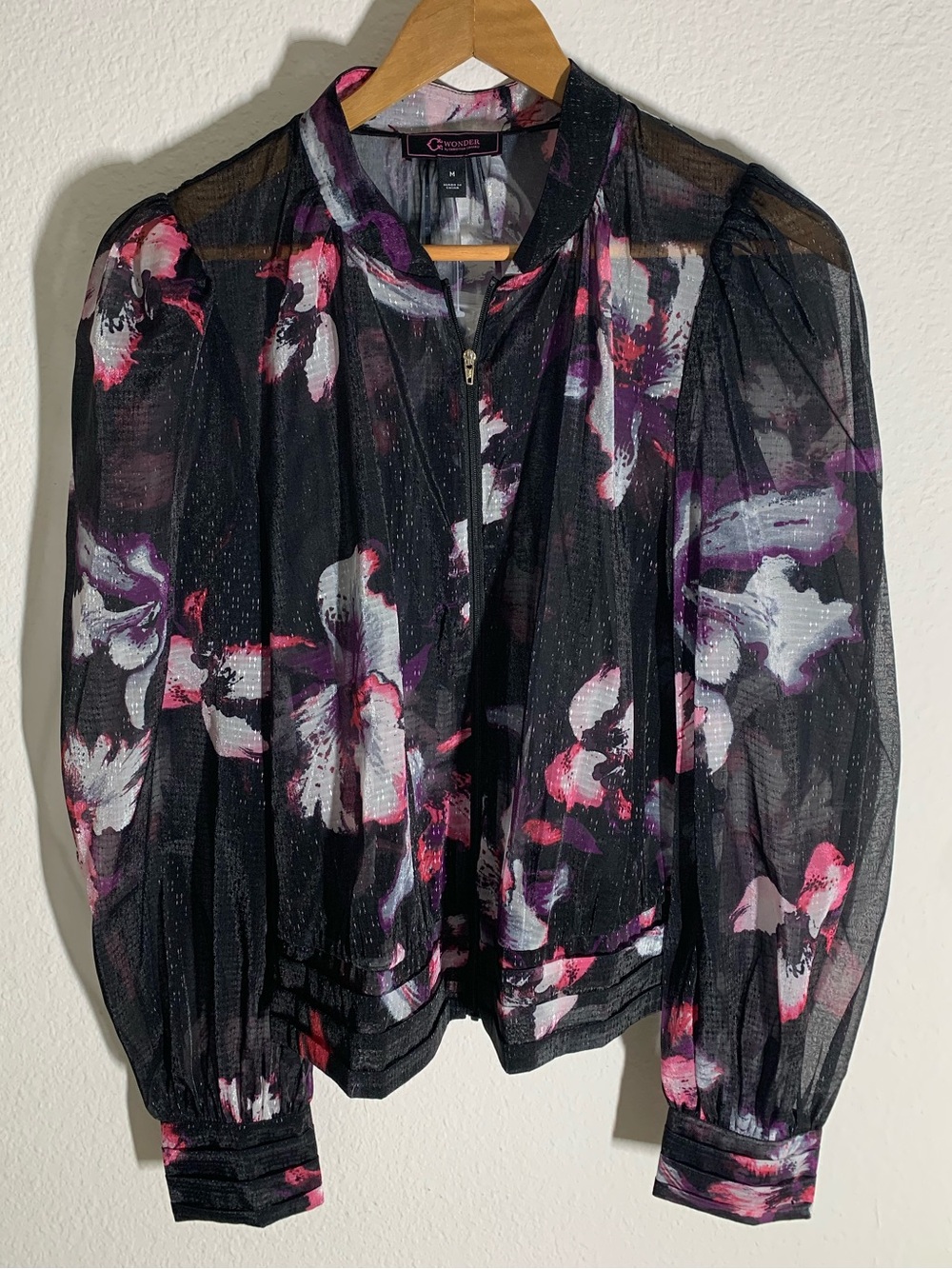 NWOT Christian Siriano C. Wonder Painted Black Orchid Sheer Zip Organza Jacket M